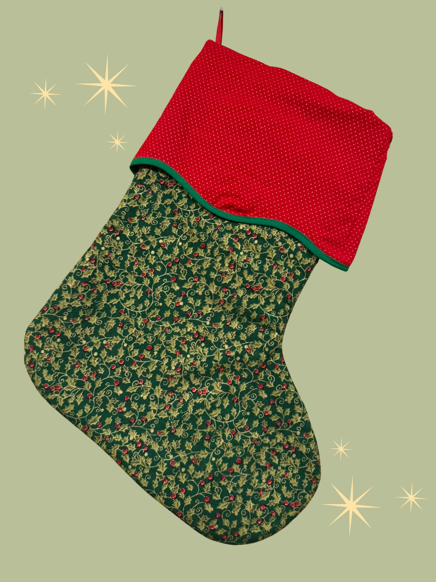 Holiday Stocking - Gold Holly & Dots