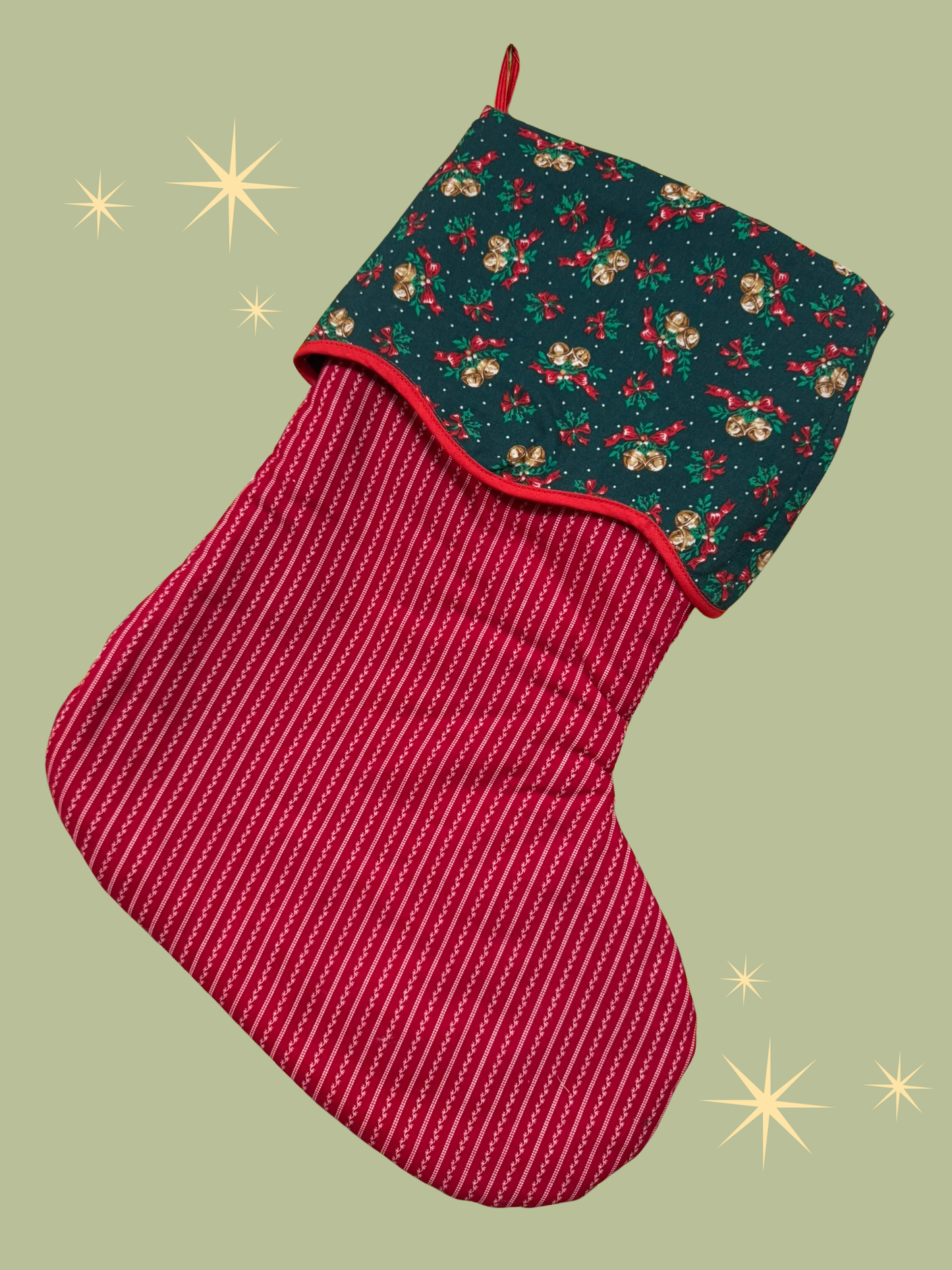 Holiday Stocking - Red Dainty Dot Stripe & Bells