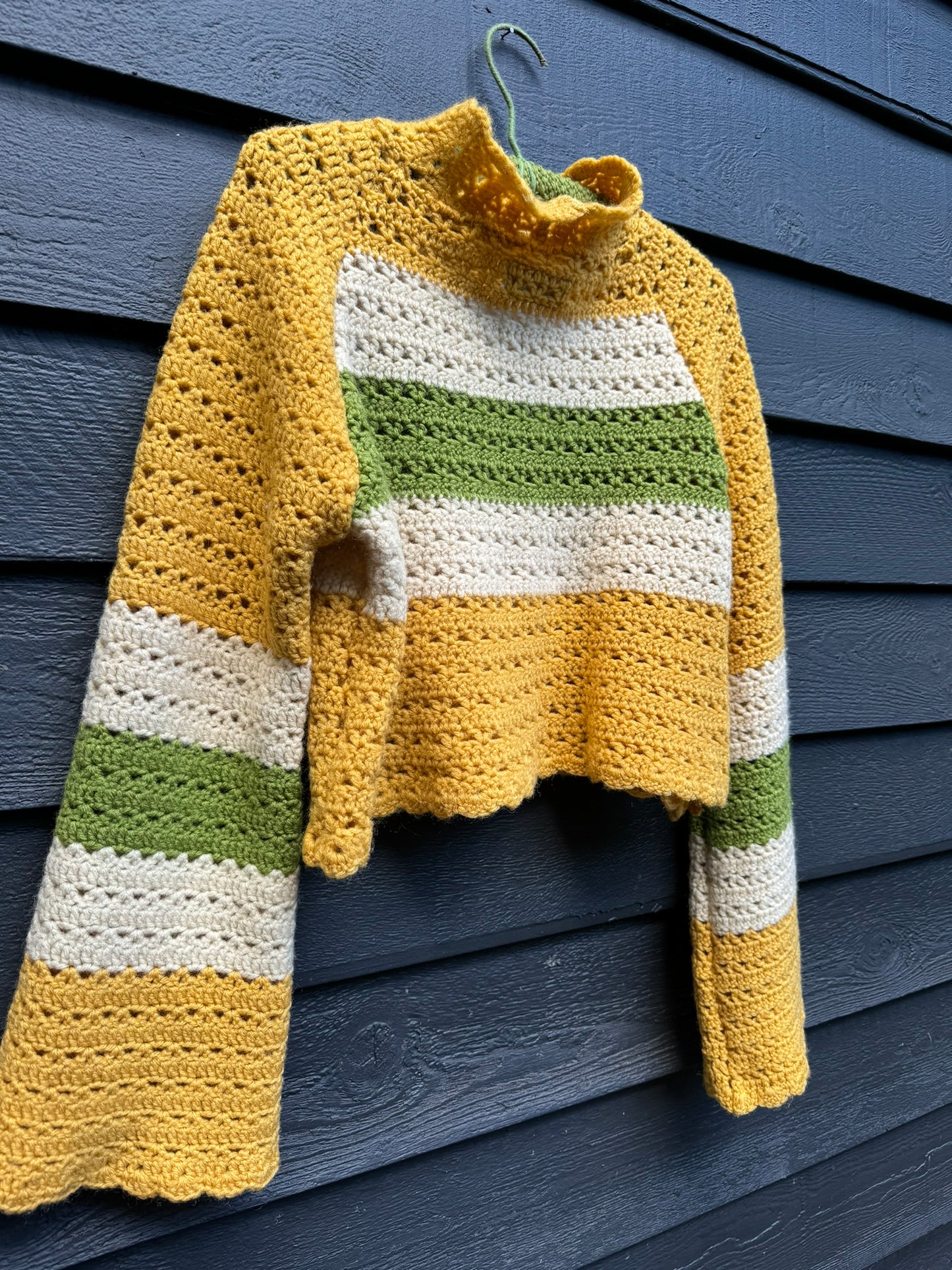 Gold with Green Stripe Upcycled Vintage Blanket Cropped Turtleneck Sweater