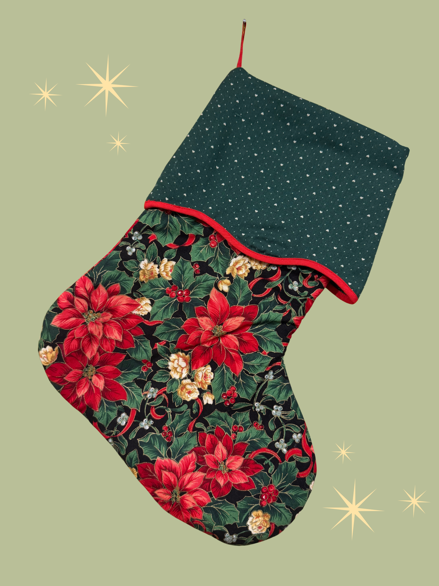 Holiday Stocking - Poinsettias & Hearts