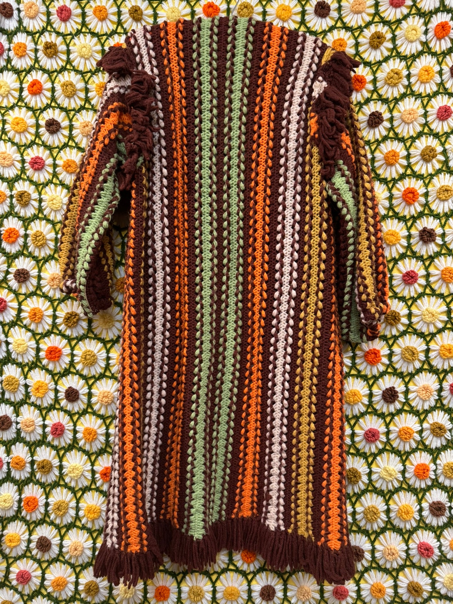 Brown Striped Fringe Upcycled Vintage Blanket Cardigan