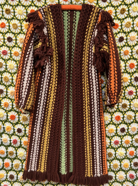 Brown Striped Fringe Upcycled Vintage Blanket Cardigan