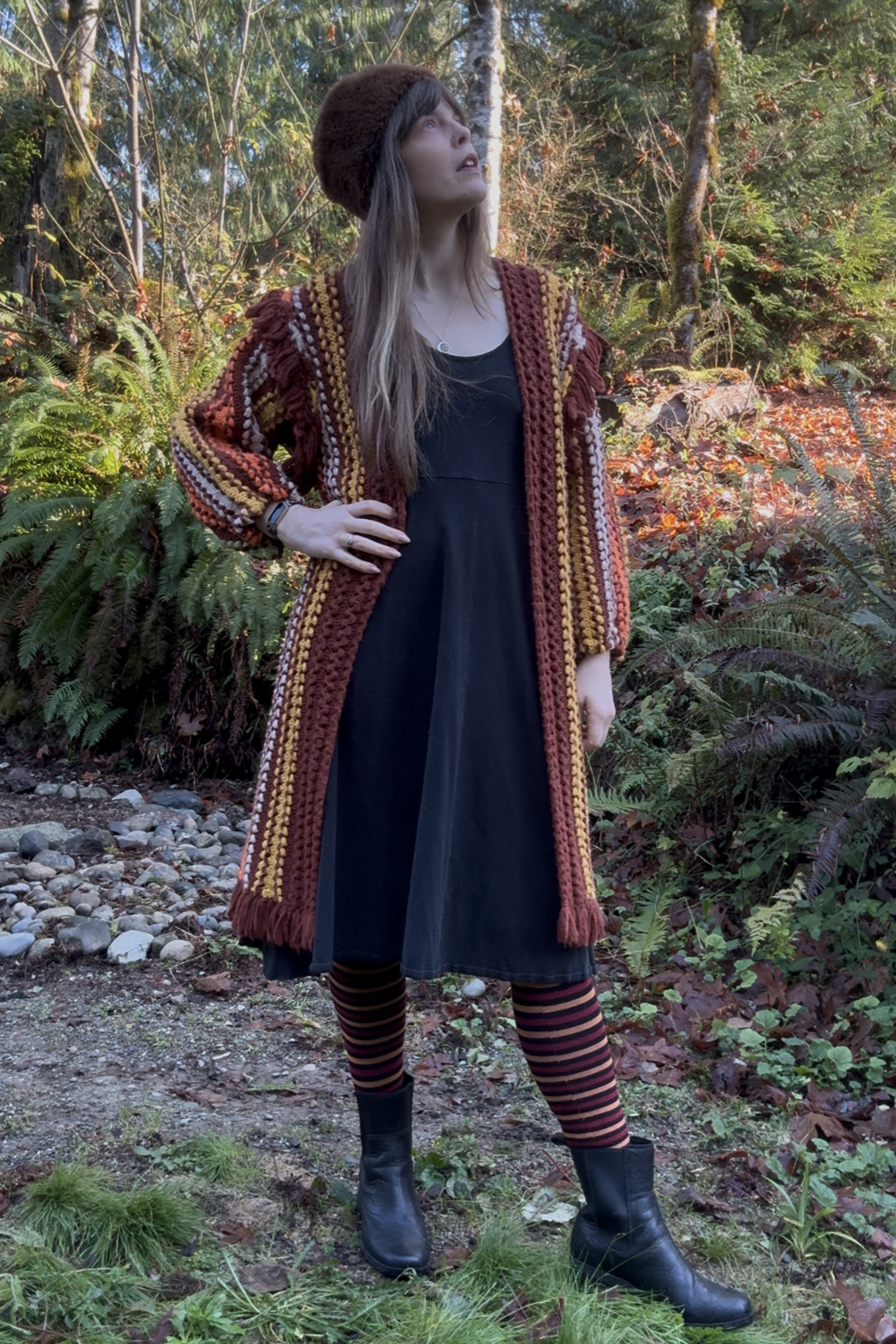 Brown Striped Fringe Upcycled Vintage Blanket Cardigan
