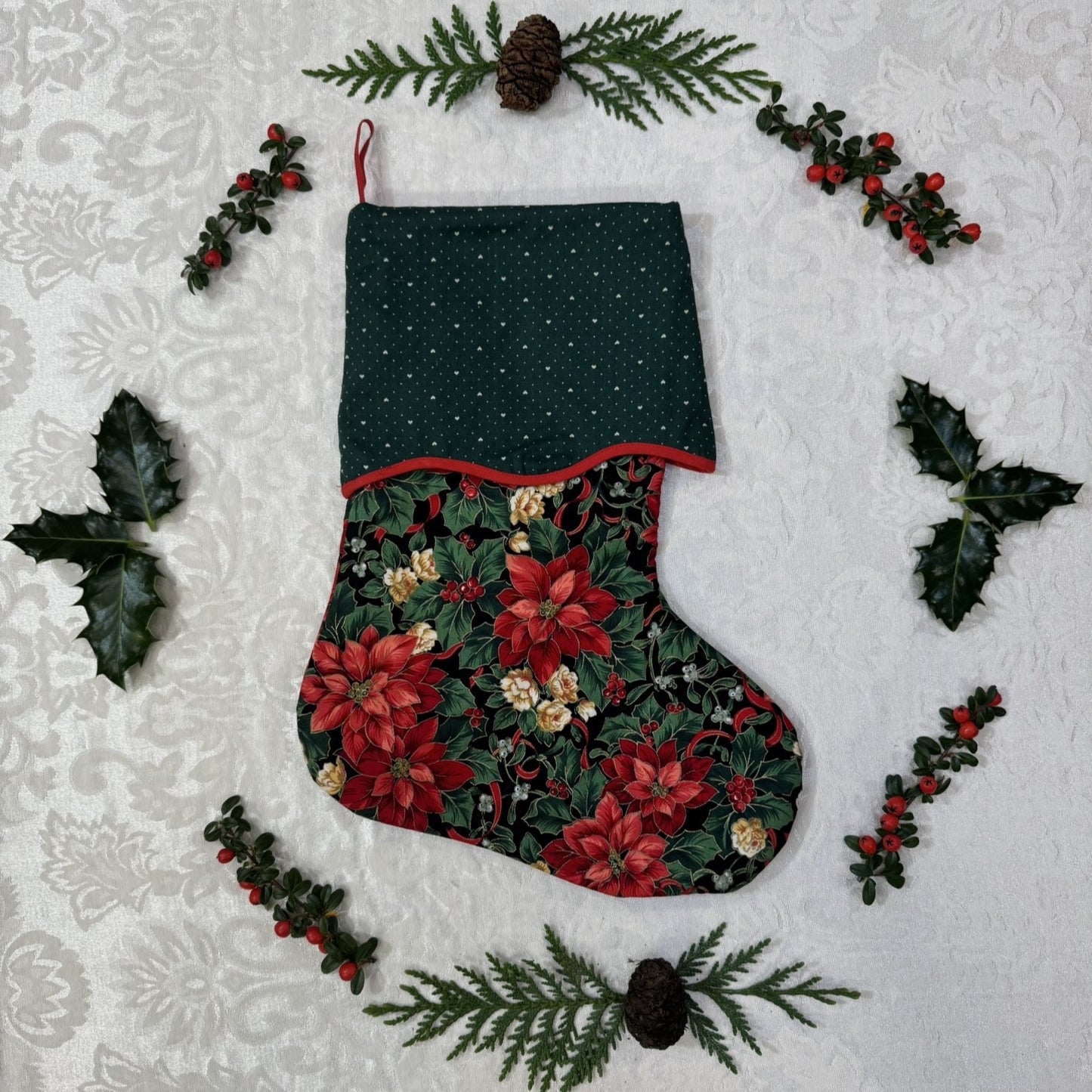 Holiday Stocking - Poinsettias & Hearts