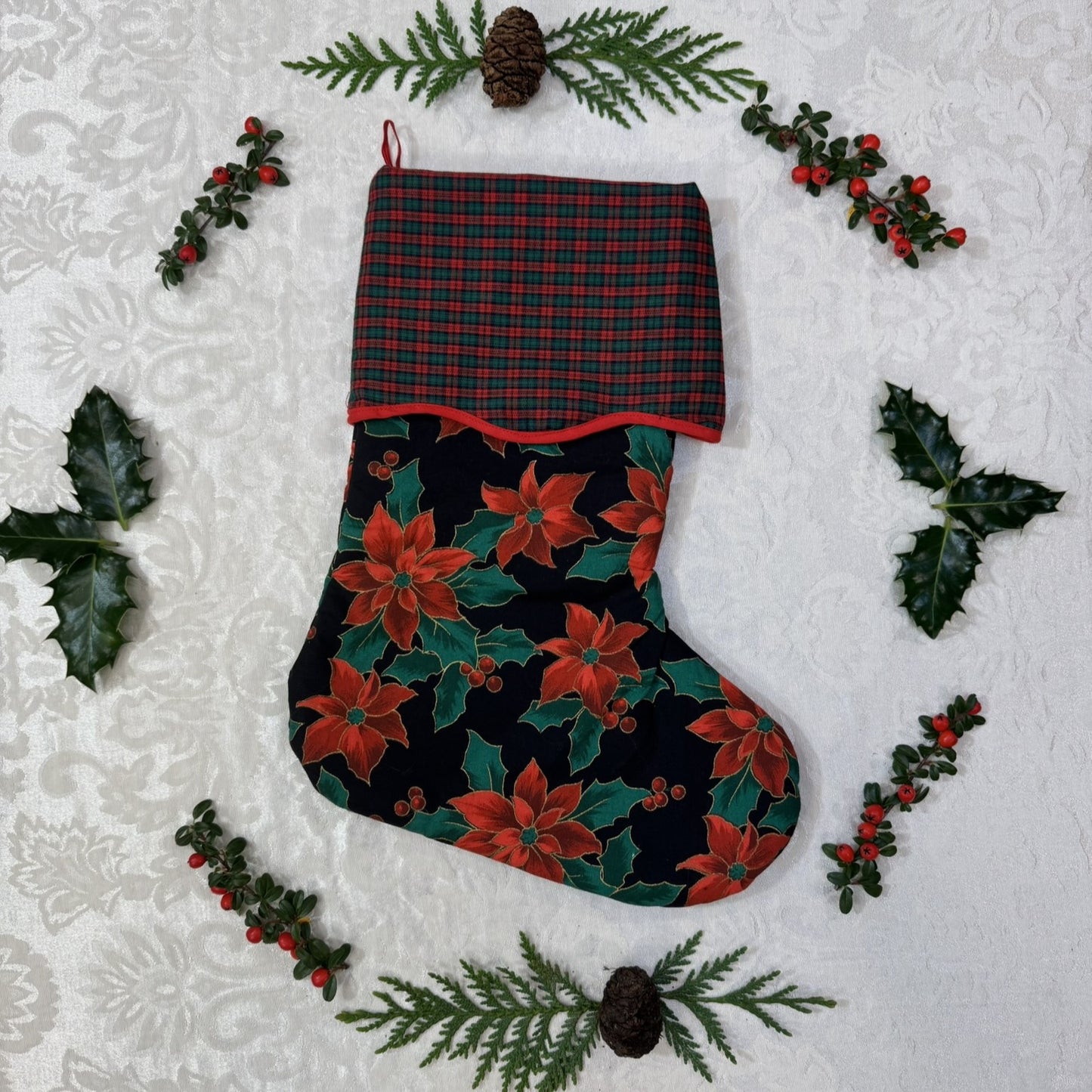 Holiday Stocking - Poinsettias & Plaid