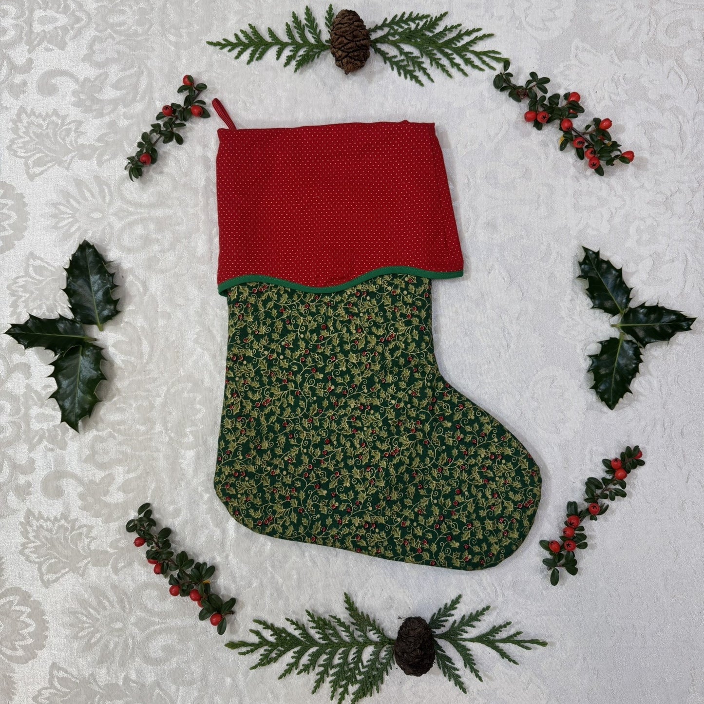 Holiday Stocking - Gold Holly & Dots