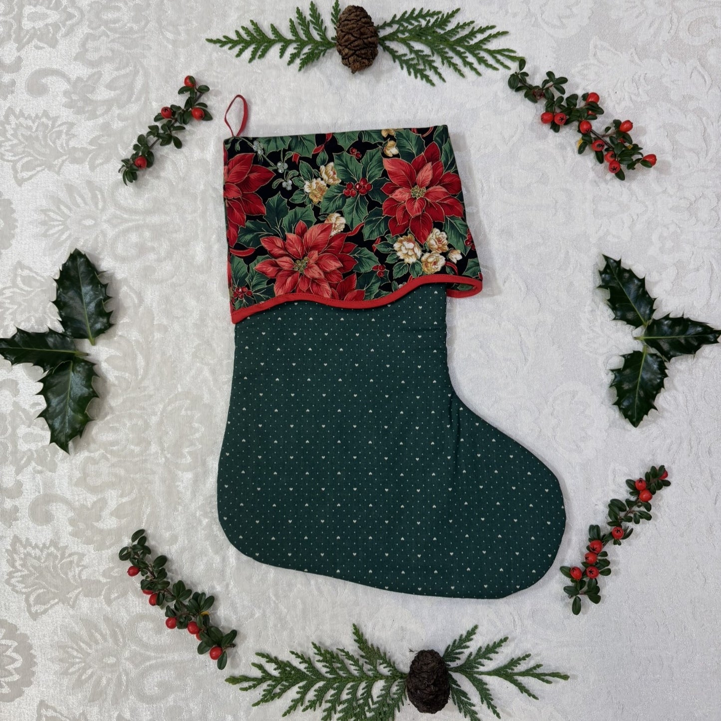 Holiday Stocking - Hearts & Poinsettias