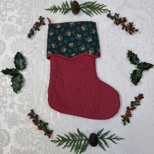 Holiday Stocking - Red Dainty Dot Stripe & Bells