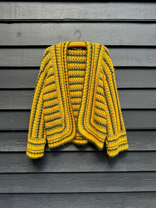 Green & Gold Stripes Upcycled Vintage Blanket Cardigan