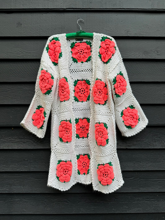 Bright Pink Roses Upcycled Vintage Blanket Cardigan