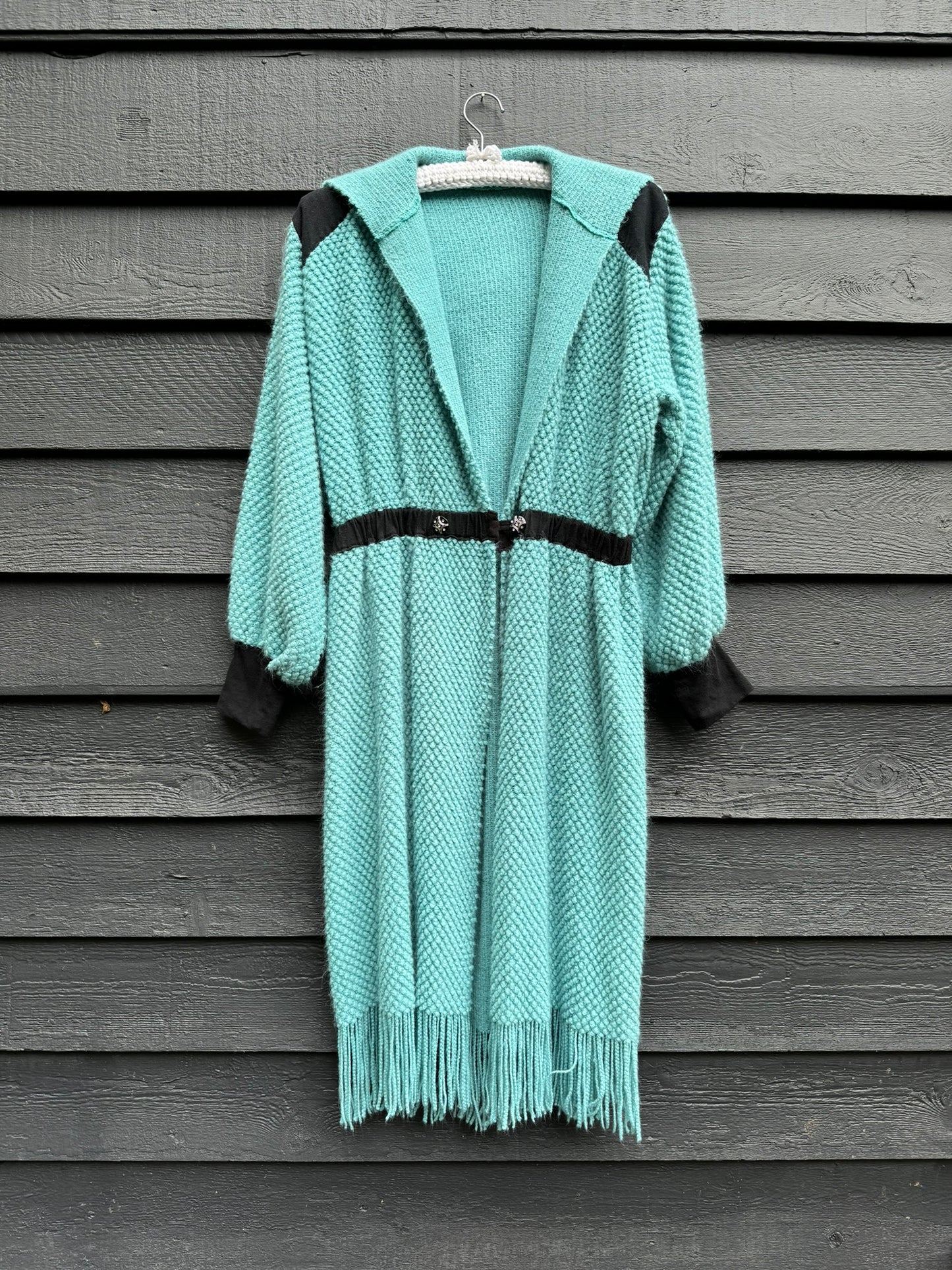 Turquoise & Black Upcycled Blanket Cardigan