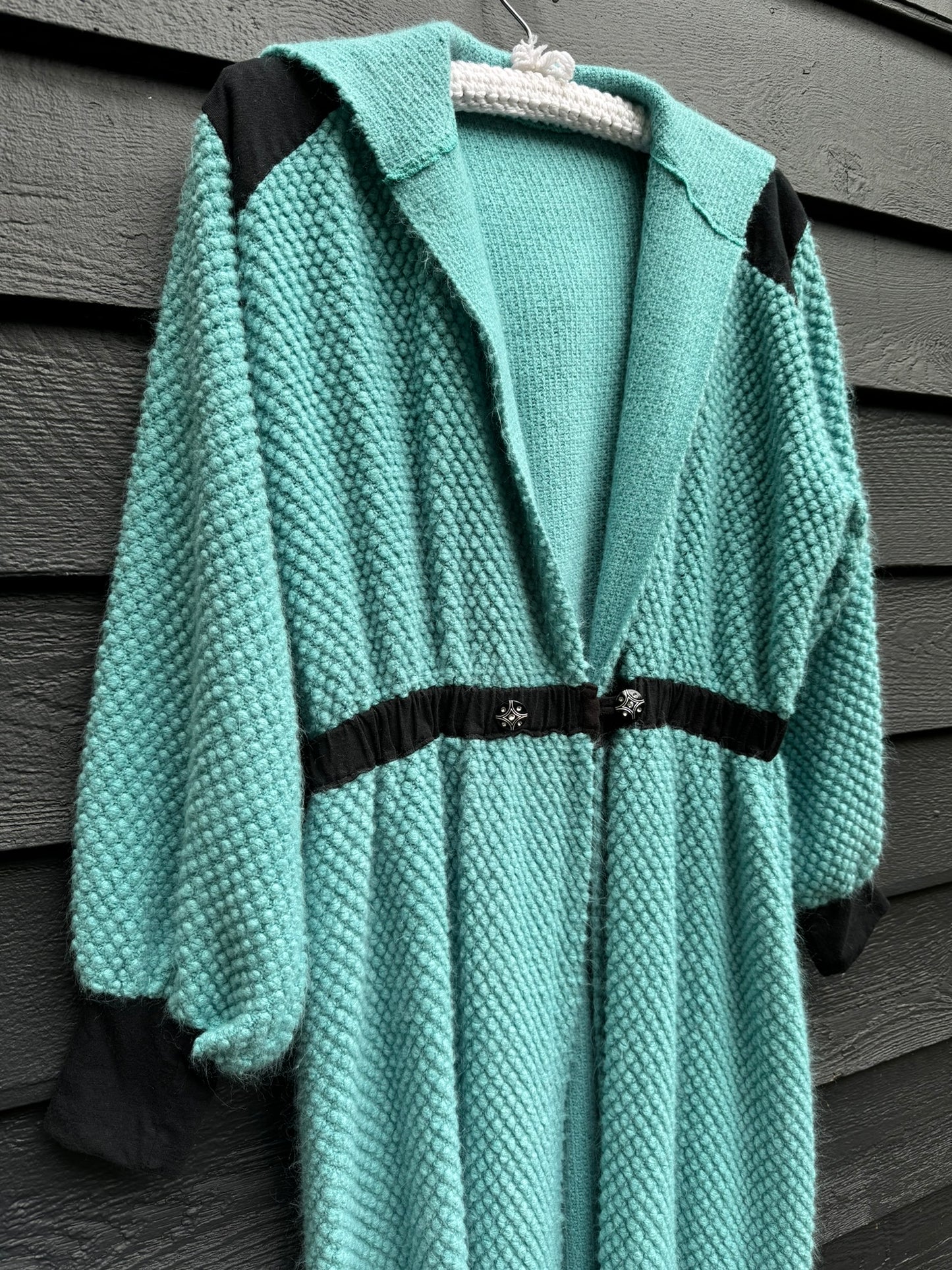 Turquoise & Black Upcycled Blanket Cardigan