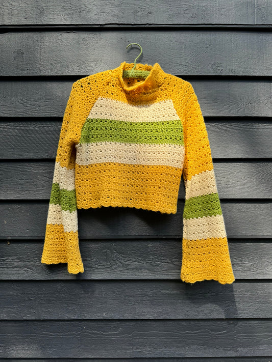 Gold with Green Stripe Upcycled Vintage Blanket Cropped Turtleneck Sweater