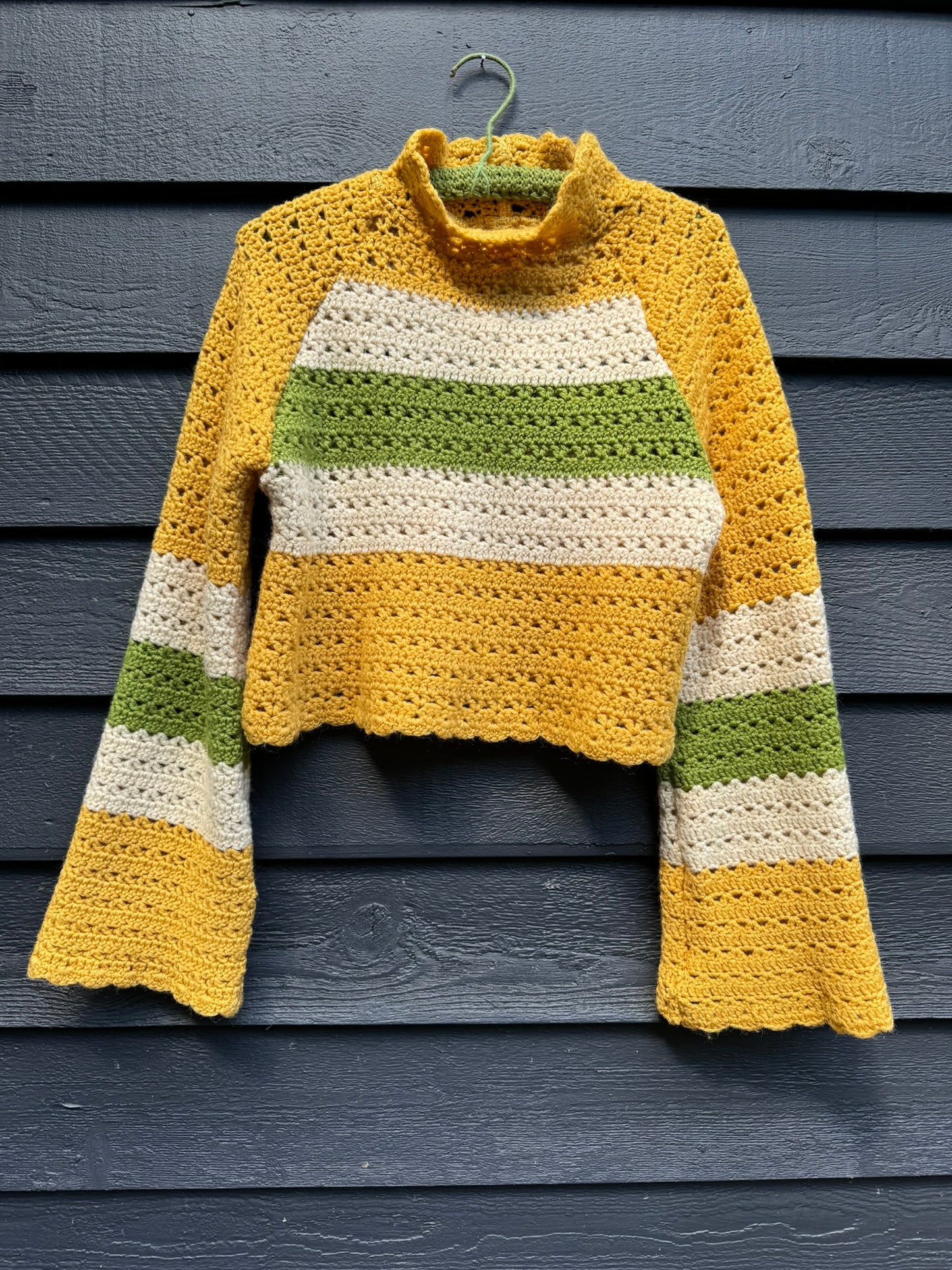 Gold with Green Stripe Upcycled Vintage Blanket Cropped Turtleneck Sweater