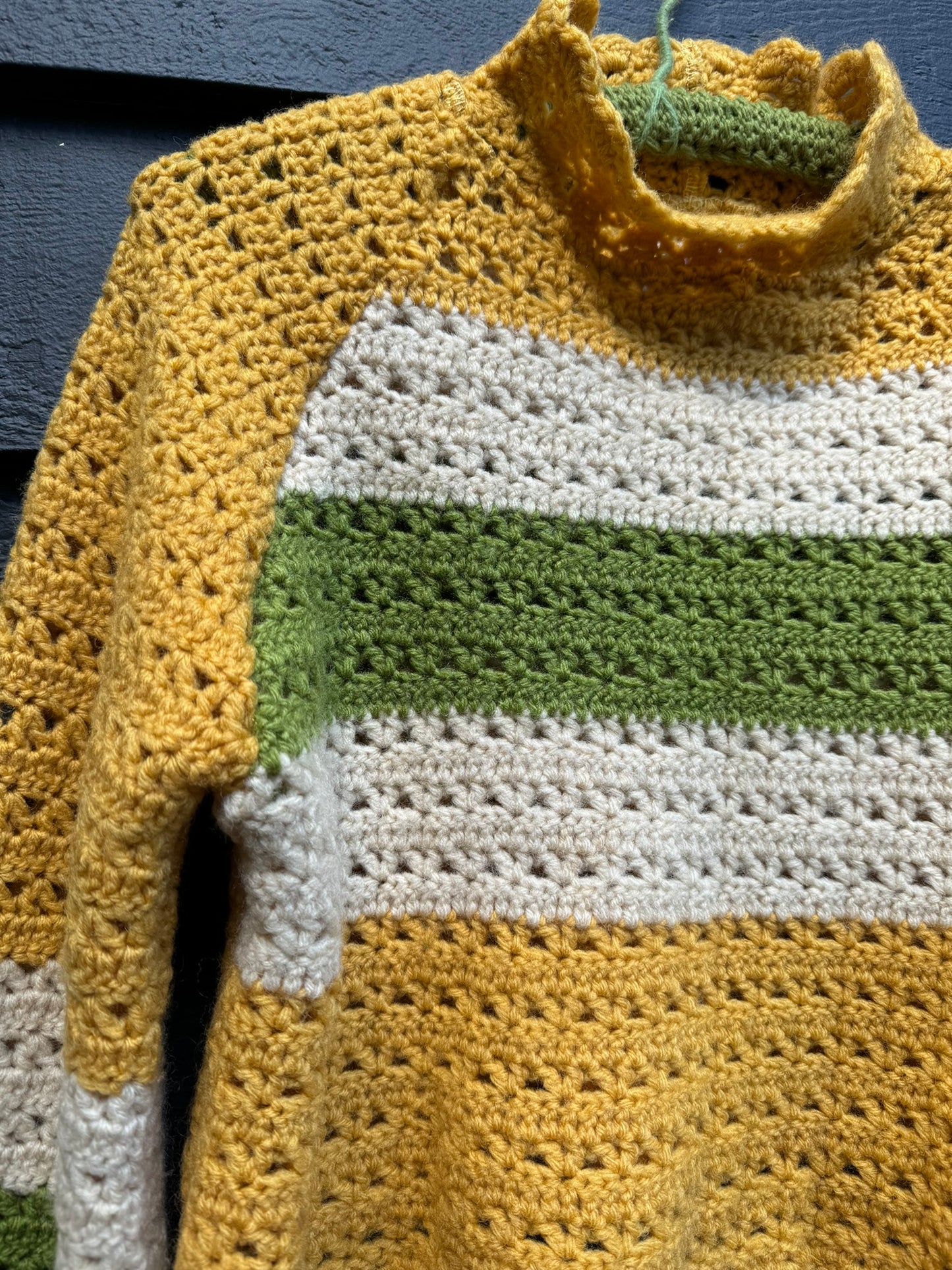 Gold with Green Stripe Upcycled Vintage Blanket Cropped Turtleneck Sweater