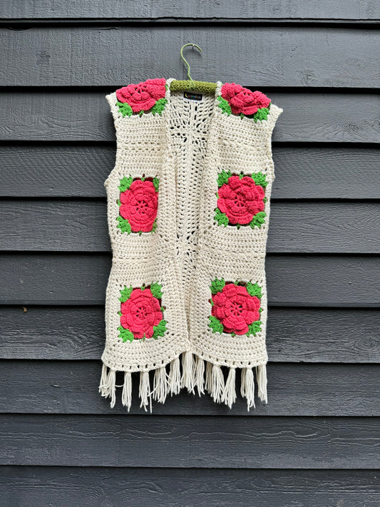 Pink Roses Upcycled Vintage Blanket Fringe Vest