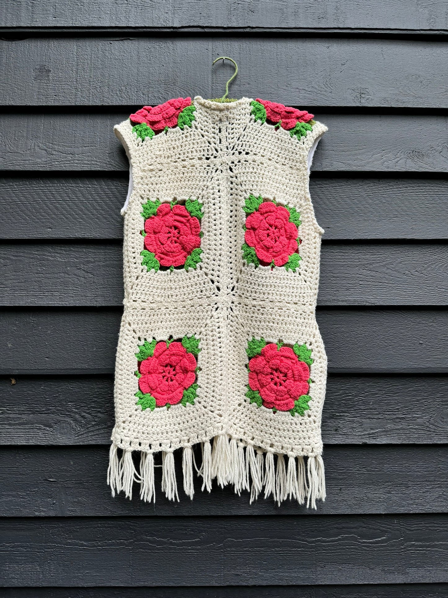 Pink Roses Upcycled Vintage Blanket Fringe Vest