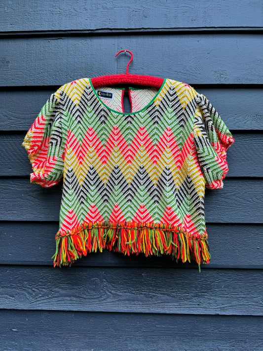 Red, Gold, Green & Brown Zig Zag Vintage Blanket Top, 34"