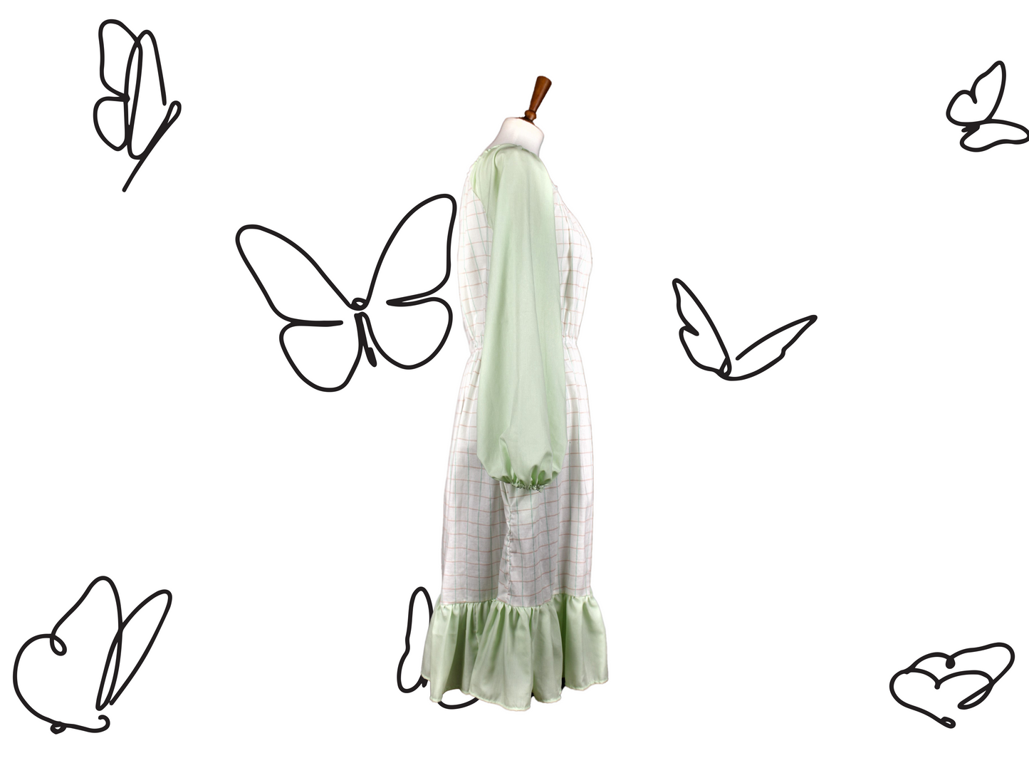 Mint & White Grid Upcycled Bedsheet Harvest Dress