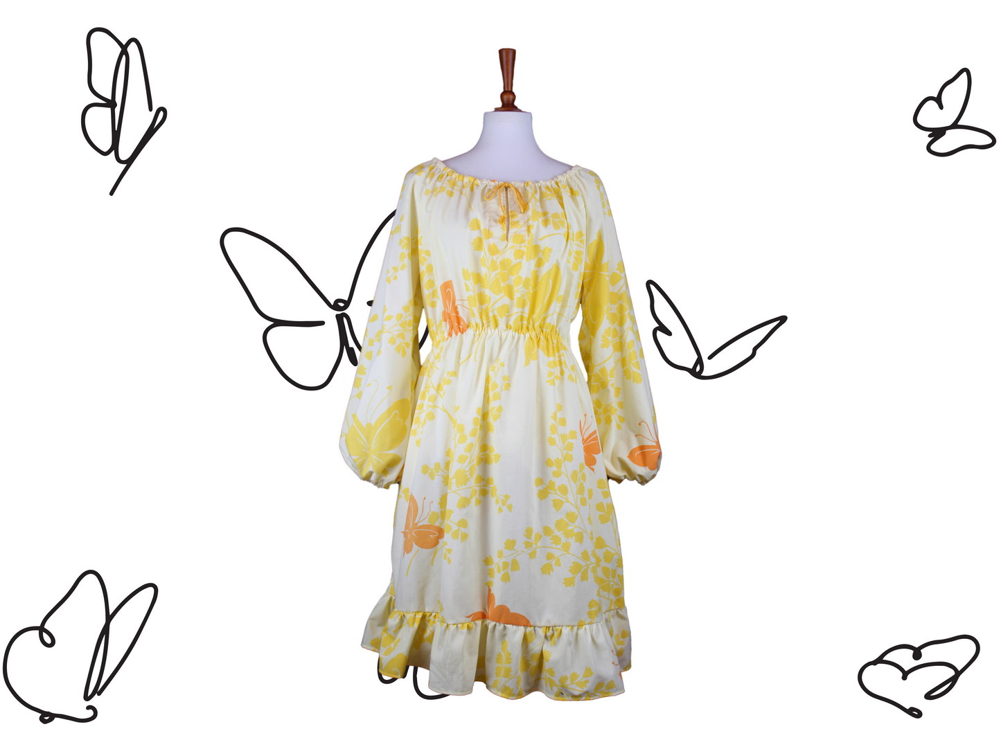Yellow Butterfly Upcycled Vintage Bedsheet Harvest Dress